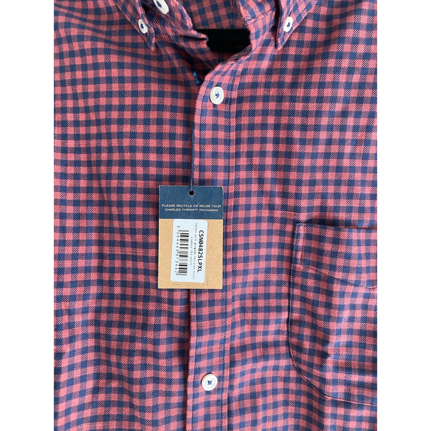 NWT Charles Tyrwhitt Button-Down Collar Non-Iron Twill Gingham Shirt - Salmon Pink Size XL