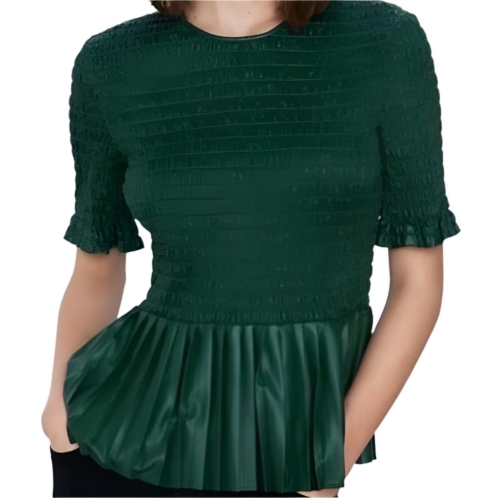 NWT ZARA Faux Leather Peplum Top Smocked Bodice Forest Green Size XS