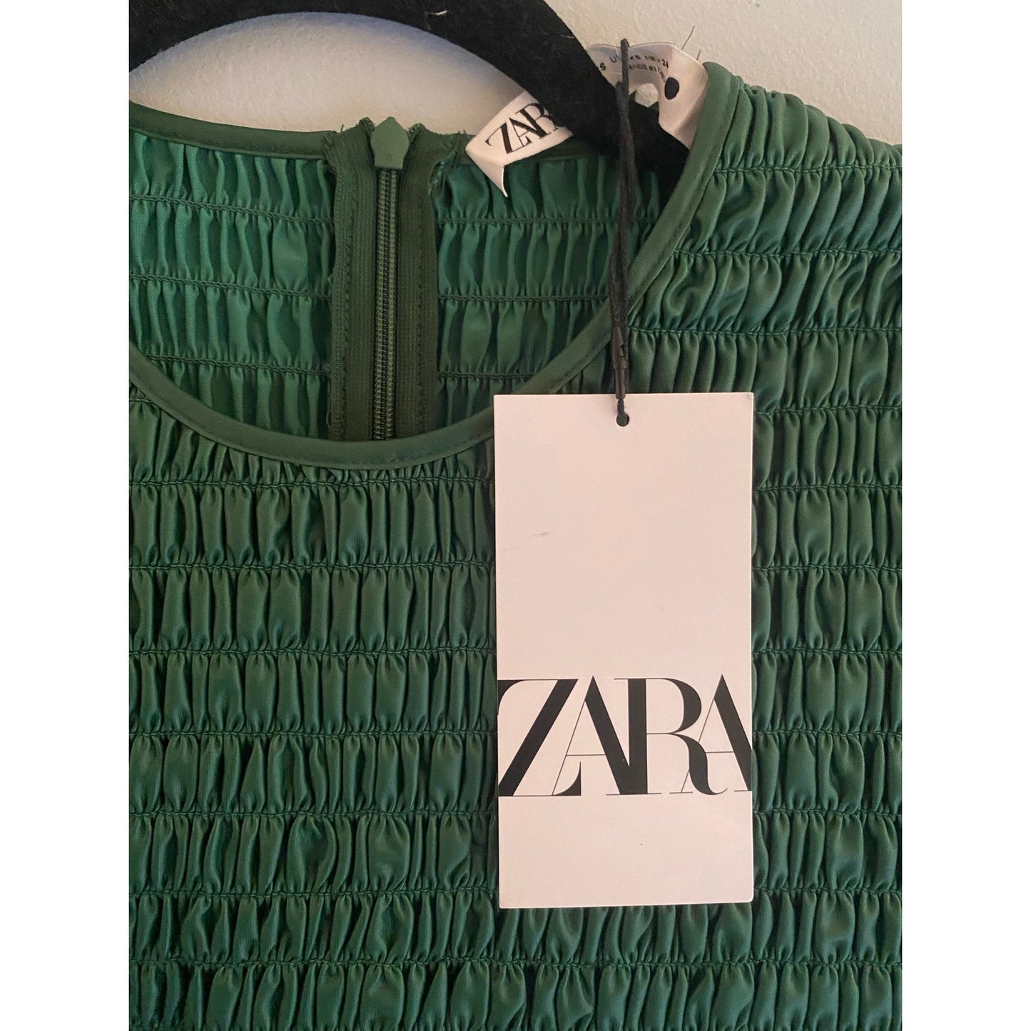 NWT ZARA Faux Leather Peplum Top Smocked Bodice Forest Green Size XS