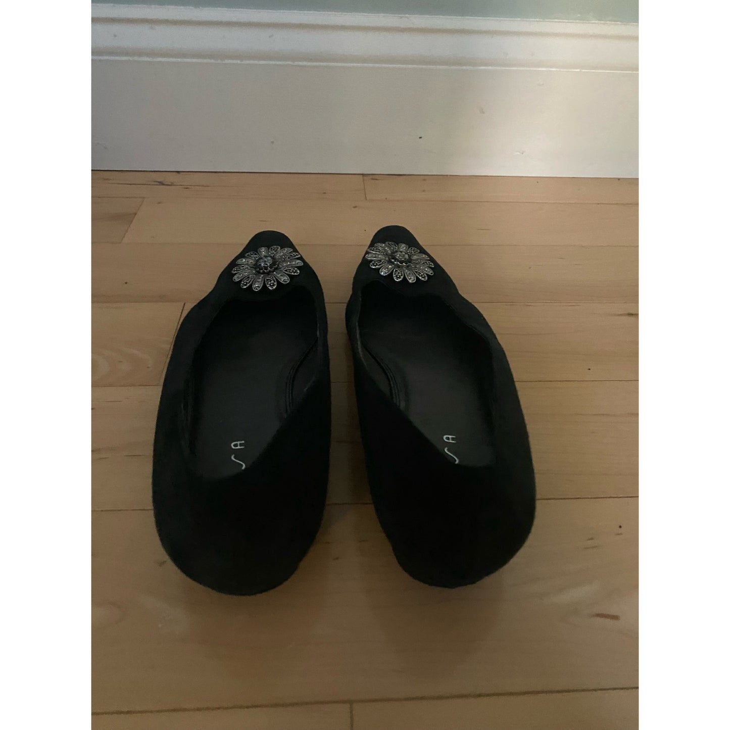 Vintage Unisa Black Suede Bejeweled Flats Size 8.5