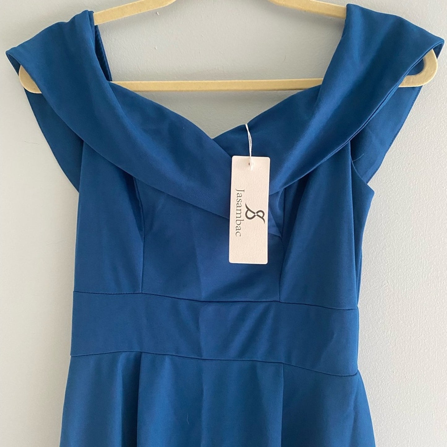 NWT JASAMBAC Women's Off Shoulder High Low A Line Dress In Teal Size M