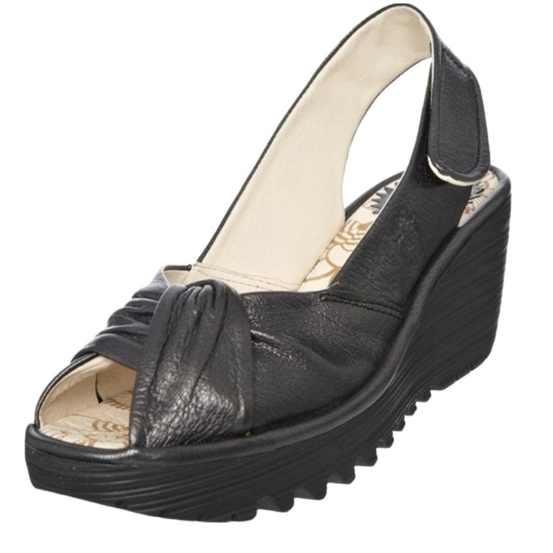 Fly London Yakin black leather wedge sandals - Size 39