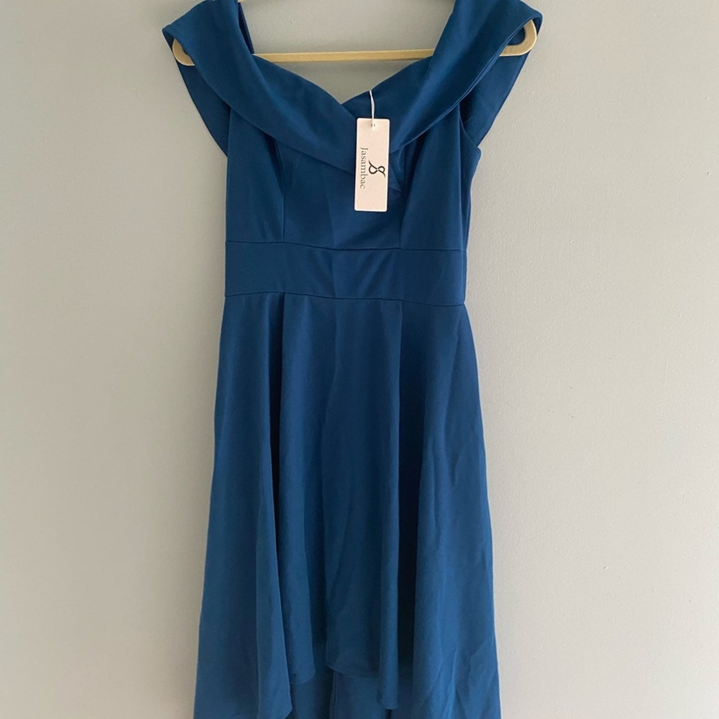 NWT JASAMBAC Women's Off Shoulder High Low A Line Dress In Teal Size M