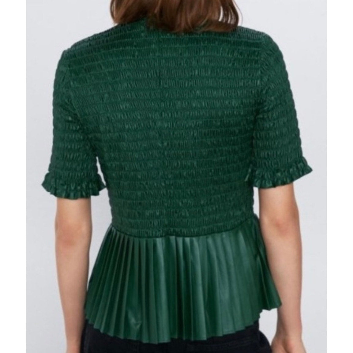 NWT ZARA Faux Leather Peplum Top Smocked Bodice Forest Green Size XS