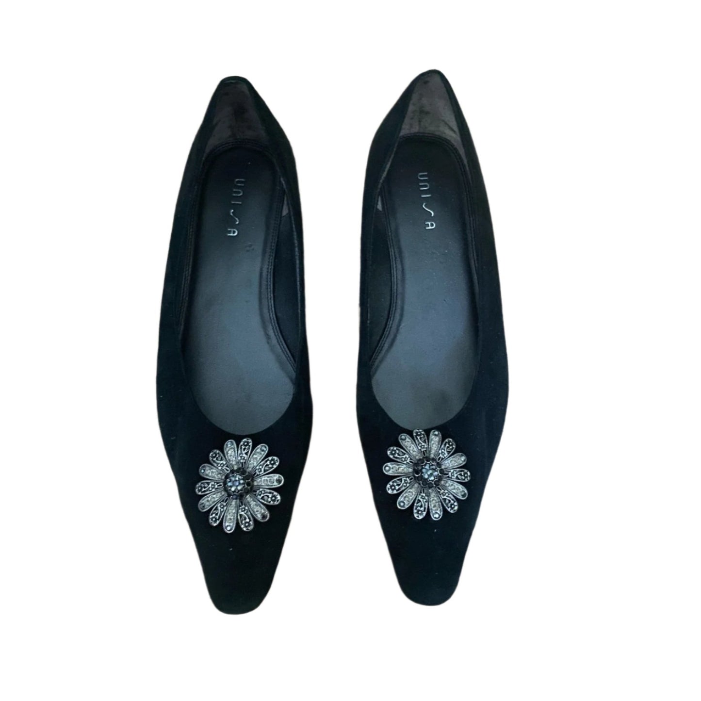 Vintage Unisa Black Suede Bejeweled Flats Size 8.5