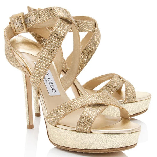 Jimmy Choo Hold Glitter Crisscross Platform Sandals Size 38.5