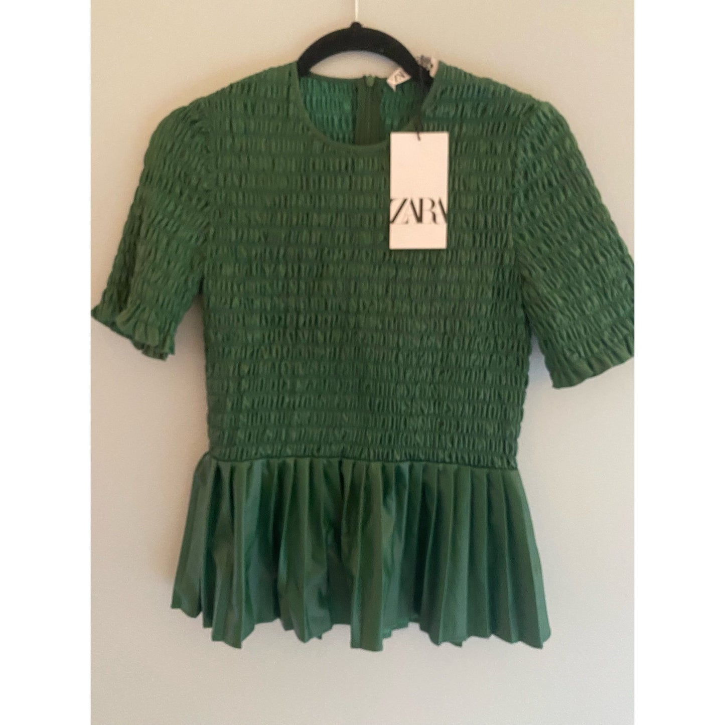 NWT ZARA Faux Leather Peplum Top Smocked Bodice Forest Green Size XS