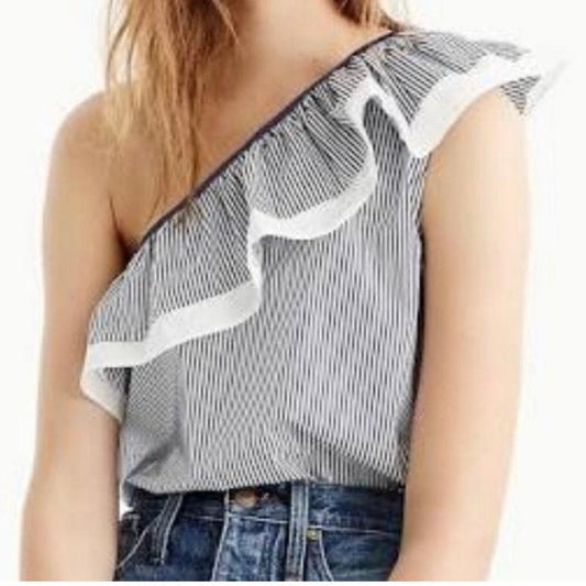 NWT J. Crew one shoulder blue and white striped top with white ruffle - size 8